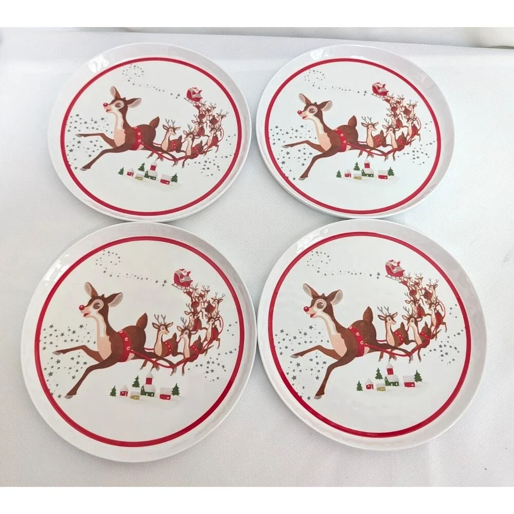 4 POTTERY BARN KIDS Rudolph the Red-Nosed Reindeer Melamine 8" Plates